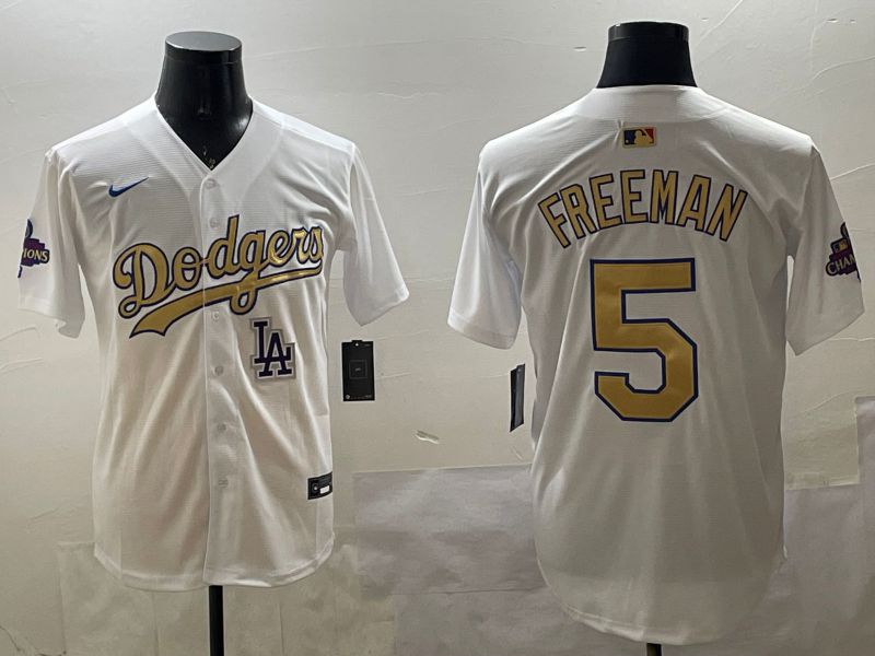 Men Los Angeles Dodgers 5 Freeman White Champion gold character 2025 Nike MLB Jersey style 3319